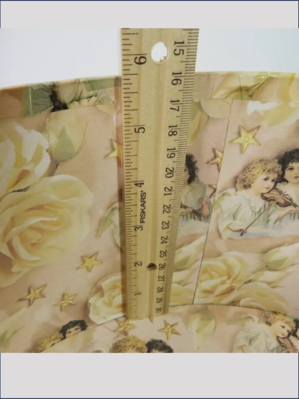 Vintage Cherub Angel Large Round Hat Box Floral Wired Bow Yellow Roses Stars
